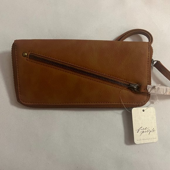 Free People Handbags - Free People Wallet Brown Distressed Vegan Wristlet Strap Zip Closer Clutch